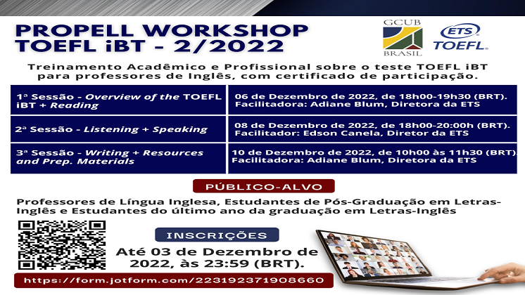 INSCRIÇÕES ABERTAS: Propell Workshop de Capacitação de Professores de Língua Inglesa para o TOEFL iBT